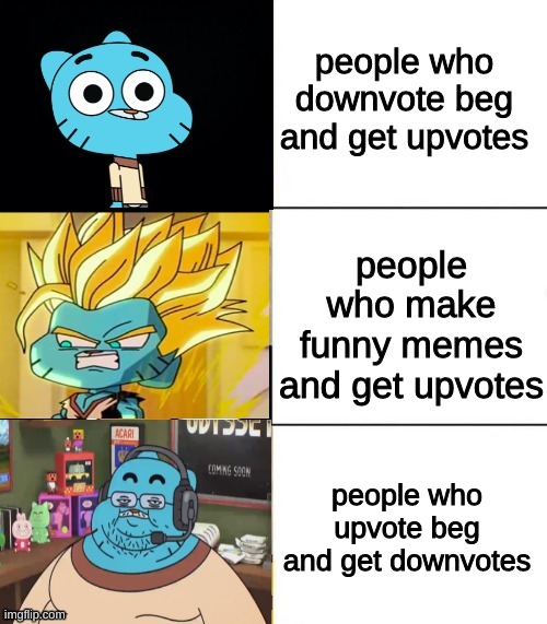 Best,Better, Blurst but with gumball | people who downvote beg and get upvotes; people who make funny memes and get upvotes; people who upvote beg and get downvotes | image tagged in best better blurst but with gumball | made w/ Imgflip meme maker
