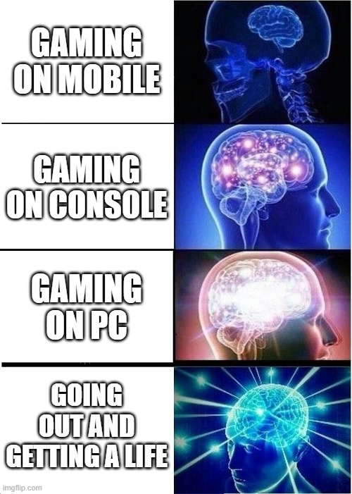 Expanding Brain | GAMING ON MOBILE; GAMING ON CONSOLE; GAMING ON PC; GOING OUT AND GETTING A LIFE | image tagged in memes,expanding brain | made w/ Imgflip meme maker