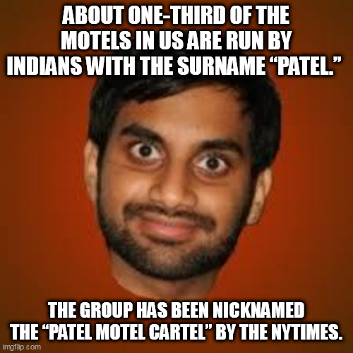 Indian guy | ABOUT ONE-THIRD OF THE MOTELS IN US ARE RUN BY INDIANS WITH THE SURNAME “PATEL.”; THE GROUP HAS BEEN NICKNAMED THE “PATEL MOTEL CARTEL” BY THE NYTIMES. | image tagged in indian guy | made w/ Imgflip meme maker