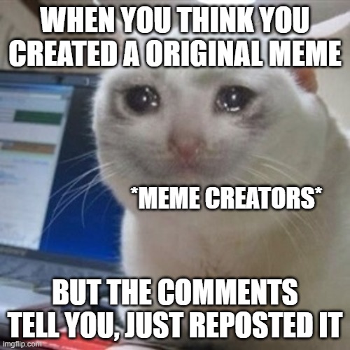 Crying cat | WHEN YOU THINK YOU CREATED A ORIGINAL MEME; *MEME CREATORS*; BUT THE COMMENTS TELL YOU, JUST REPOSTED IT | image tagged in crying cat,funny memes,truth | made w/ Imgflip meme maker