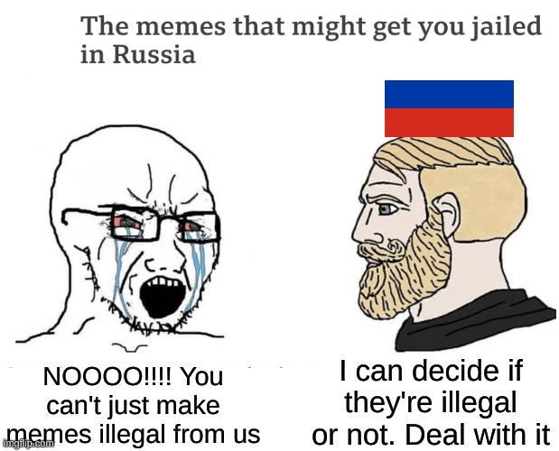 I hate you!!!1!!111!1!1!!! | NOOOO!!!! You can't just make memes illegal from us; I can decide if they're illegal or not. Deal with it | image tagged in soyboy vs yes chad,memes,funny,russia | made w/ Imgflip meme maker