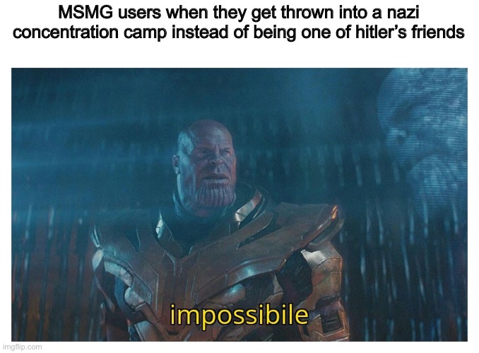 impossibile | MSMG users when they get thrown into a nazi concentration camp instead of being one of hitler’s friends | image tagged in impossibile | made w/ Imgflip meme maker