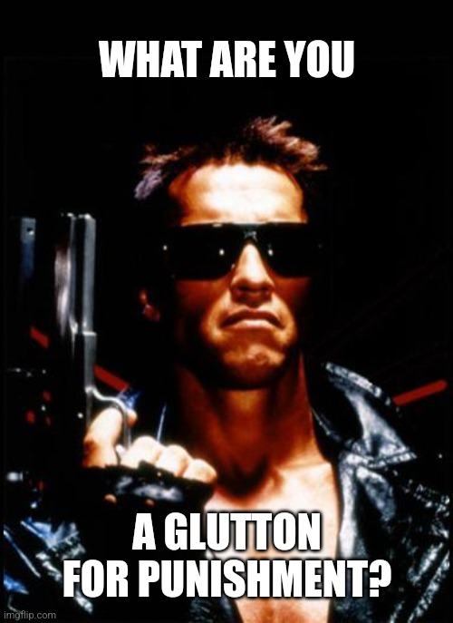 Terminator Glutton for Punishment | WHAT ARE YOU; A GLUTTON FOR PUNISHMENT? | image tagged in terminator,glutton,punishment,arnold,arnold schwarzenegger | made w/ Imgflip meme maker