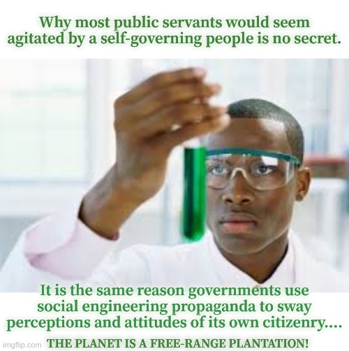 social engineering | Why most public servants would seem agitated by a self-governing people is no secret. It is the same reason governments use social engineering propaganda to sway perceptions and attitudes of its own citizenry.... THE PLANET IS A FREE-RANGE PLANTATION! | image tagged in finally | made w/ Imgflip meme maker