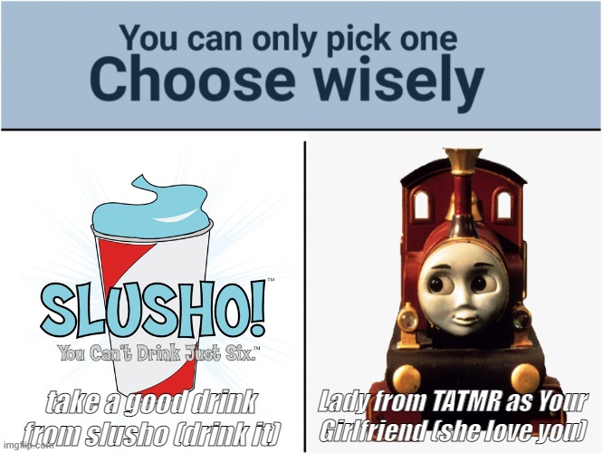 choose wisely my friends | take a good drink from slusho (drink it); Lady from TATMR as Your Girlfriend (she love you) | made w/ Imgflip meme maker