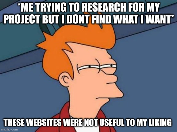 Anyways | *ME TRYING TO RESEARCH FOR MY PROJECT BUT I DONT FIND WHAT I WANT*; THESE WEBSITES WERE NOT USEFUL TO MY LIKING | image tagged in memes,futurama fry | made w/ Imgflip meme maker
