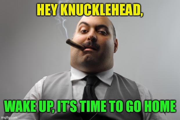 Scumbag Boss Meme | HEY KNUCKLEHEAD, WAKE UP, IT’S TIME TO GO HOME | image tagged in memes,scumbag boss | made w/ Imgflip meme maker