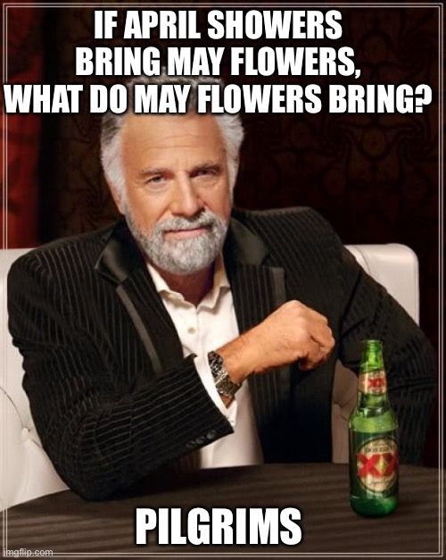 The Most Interesting Man In The World |  IF APRIL SHOWERS BRING MAY FLOWERS, WHAT DO MAY FLOWERS BRING? PILGRIMS | image tagged in memes,the most interesting man in the world | made w/ Imgflip meme maker