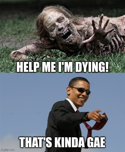 kinda gae bro | HELP ME I'M DYING! THAT'S KINDA GAE | image tagged in walking dead zombie,memes,cool obama | made w/ Imgflip meme maker