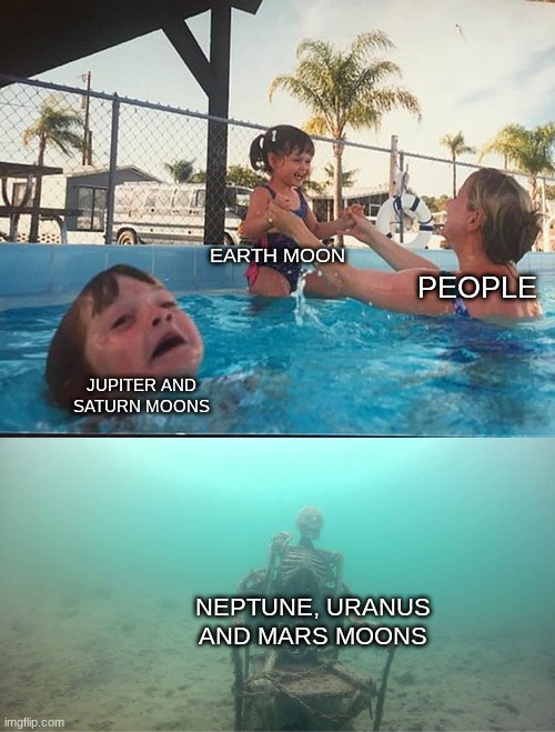 Planet moons being overrated | EARTH MOON; PEOPLE; JUPITER AND SATURN MOONS; NEPTUNE, URANUS AND MARS MOONS | image tagged in mother ignoring kid drowning in a pool | made w/ Imgflip meme maker