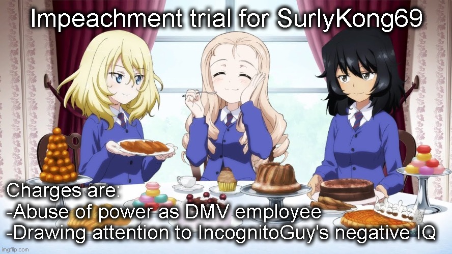 2/3 required to convict. If convicted on DMV charge, separate vote to be held determining which power is removed. | Impeachment trial for SurlyKong69; Charges are:
-Abuse of power as DMV employee
-Drawing attention to IncognitoGuy's negative IQ | made w/ Imgflip meme maker