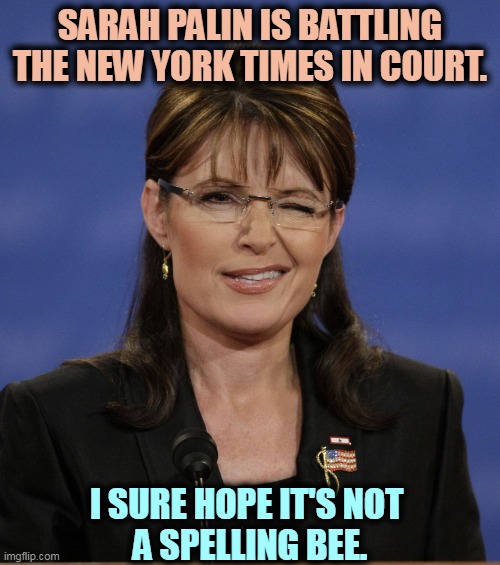 Still dumber than a tree stump. | SARAH PALIN IS BATTLING THE NEW YORK TIMES IN COURT. I SURE HOPE IT'S NOT 
A SPELLING BEE. | image tagged in sarah palin,loud,idiot | made w/ Imgflip meme maker