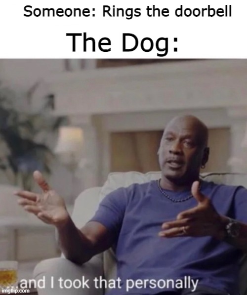 Michael Jordan took it personally | Someone: Rings the doorbell; The Dog: | image tagged in michael jordan took it personally,dog,funny,memes | made w/ Imgflip meme maker