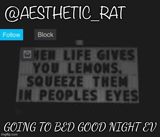 Aesthetic_Rat | GOING TO BED GOOD NIGHT EVERYONE | image tagged in aesthetic_rat | made w/ Imgflip meme maker