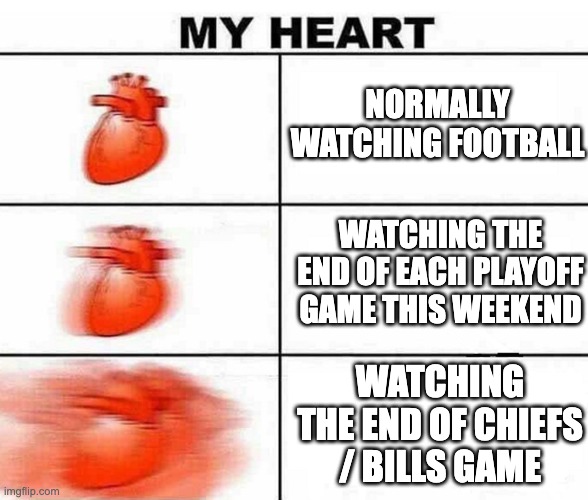 2022 NFL Playoffs | NORMALLY WATCHING FOOTBALL; WATCHING THE END OF EACH PLAYOFF GAME THIS WEEKEND; WATCHING THE END OF CHIEFS / BILLS GAME | image tagged in heartbeat | made w/ Imgflip meme maker
