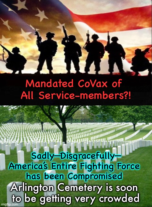 It kills me, that THEY’re killing them | Mandated CoVax of 
All Service-members?! Sadly—Disgracefully—
America’s Entire Fighting Force 
has been Compromised; Arlington Cemetery is soon 
to be getting very crowded | image tagged in memes,vaxxing the military,globalist elites are twisted evil,thinking they can do anything,effing dems let em | made w/ Imgflip meme maker