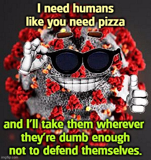 anti vax = virus food | I need humans like you need pizza; and I'll take them wherever 
they're dumb enough not to defend themselves. | image tagged in covid virus smile,covid-19,vaccine,self defense,anti vax,surrender | made w/ Imgflip meme maker