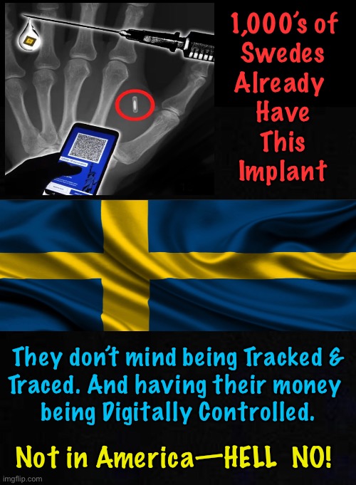 Some see Freedom & Liberty differently than Regular Americans.  But, Some will try to take US down, too. | 1,000’s of
Swedes
Already 
Have
This
Implant; They don’t mind being Tracked &
Traced. And having their money 
being Digitally Controlled. Not in America—HELL  NO! | image tagged in memes,great reject,power control money,globalist pukes will always try to control you,never for your benefit always to screw you | made w/ Imgflip meme maker
