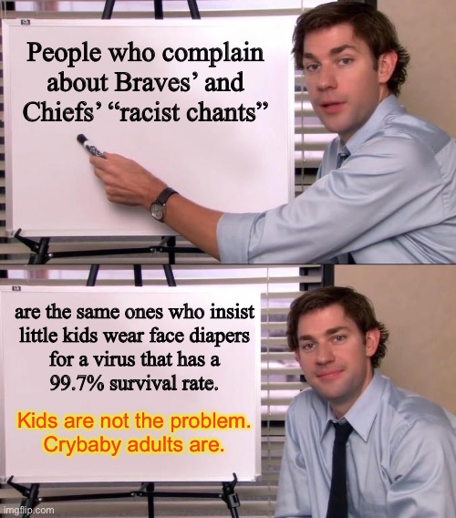 Cannot understand your words of fake outrage with your face covered, Chief. | People who complain about Braves’ and Chiefs’ “racist chants”; are the same ones who insist
little kids wear face diapers
for a virus that has a
99.7% survival rate. Kids are not the problem.
Crybaby adults are. | image tagged in jim halpert explains,memes,kansas city chiefs,atlanta braves,liberal logic,mask | made w/ Imgflip meme maker