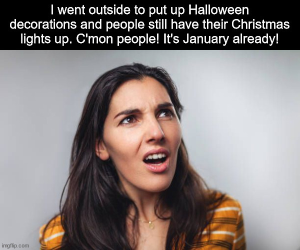 What's wrong with people? | I went outside to put up Halloween decorations and people still have their Christmas lights up. C'mon people! It's January already! | image tagged in halloween,christmas | made w/ Imgflip meme maker