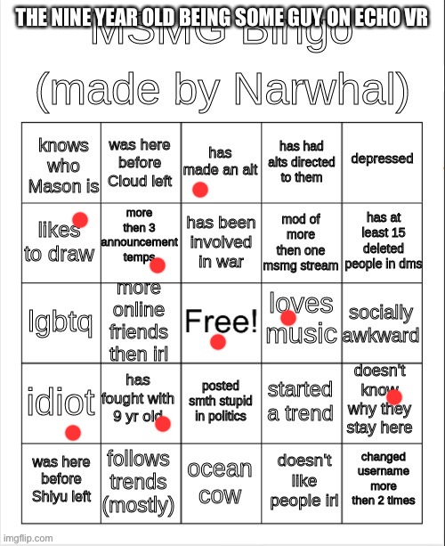 msmg bingo | THE NINE YEAR OLD BEING SOME GUY ON ECHO VR | image tagged in msmg bingo | made w/ Imgflip meme maker