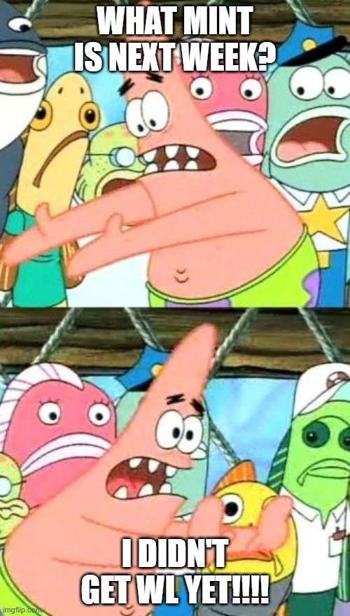 Put It Somewhere Else Patrick | WHAT MINT IS NEXT WEEK? I DIDN'T GET WL YET!!!! | image tagged in memes,put it somewhere else patrick | made w/ Imgflip meme maker