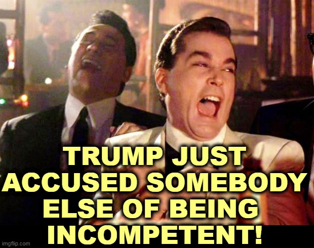 Trump is an expert in incompetence. That's the only thing he's good at. | TRUMP JUST ACCUSED SOMEBODY ELSE OF BEING 
INCOMPETENT! | image tagged in goodfellas laugh,trump,incompetence,failure,disaster,catastrophe | made w/ Imgflip meme maker