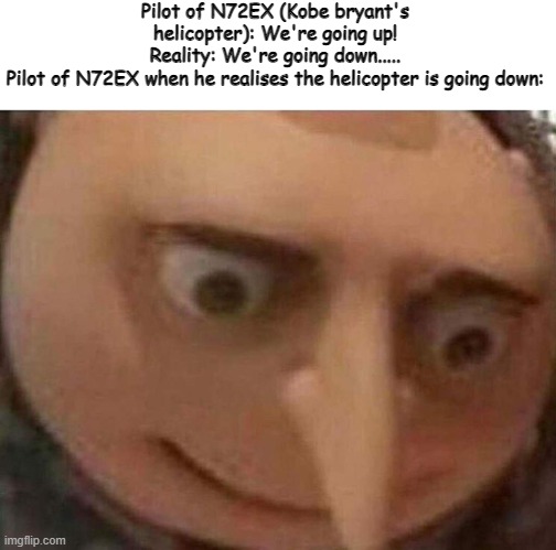 gru meme | Pilot of N72EX (Kobe bryant's helicopter): We're going up!
Reality: We're going down.....
Pilot of N72EX when he realises the helicopter is  | image tagged in gru meme | made w/ Imgflip meme maker