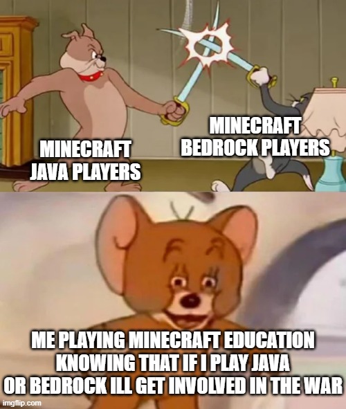 no srsly guys stop fighting | MINECRAFT BEDROCK PLAYERS; MINECRAFT JAVA PLAYERS; ME PLAYING MINECRAFT EDUCATION KNOWING THAT IF I PLAY JAVA OR BEDROCK ILL GET INVOLVED IN THE WAR | image tagged in tom and spike fighting,memes,minecraft,minecraft memes | made w/ Imgflip meme maker
