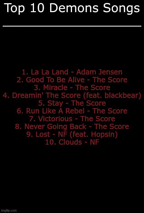 Dem3ns (PS: anything by The Score talks about demons lmao) | Top 10 Demons Songs
__________________; 1. La La Land - Adam Jensen
2. Good To Be Alive - The Score
3. Miracle - The Score
4. Dreamin' The Score (feat. blackbear)
5. Stay - The Score
6. Run Like A Rebel - The Score
7. Victorious - The Score
8. Never Going Back - The Score
9. Lost - NF (feat. Hopsin)
10. Clouds - NF | image tagged in blank black,music,demons,depression sadness hurt pain anxiety | made w/ Imgflip meme maker