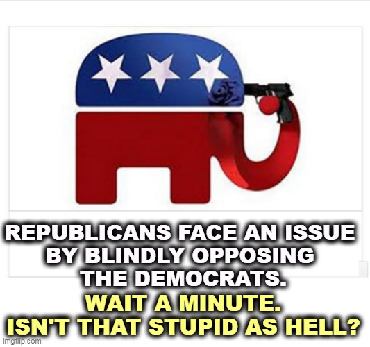 No thinking required. | REPUBLICANS FACE AN ISSUE 

BY BLINDLY OPPOSING 
THE DEMOCRATS. WAIT A MINUTE. ISN'T THAT STUPID AS HELL? | image tagged in elephant shoots itself with the big lie,republicans,blind,block,democrats,stupid | made w/ Imgflip meme maker