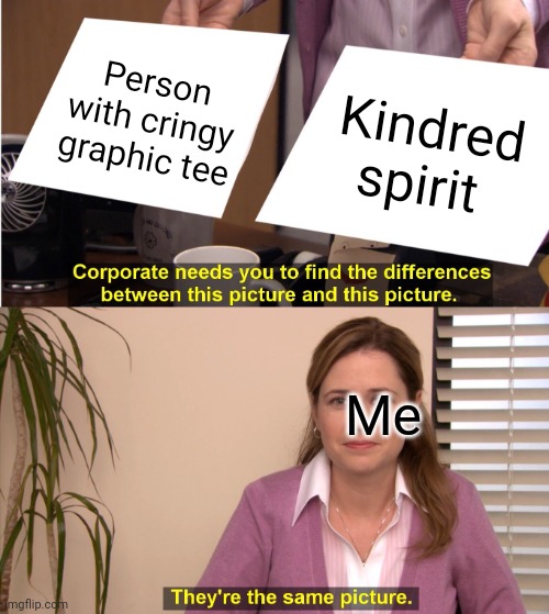 They're The Same Picture Meme | Person with cringy graphic tee; Kindred spirit; Me | image tagged in memes,they're the same picture | made w/ Imgflip meme maker