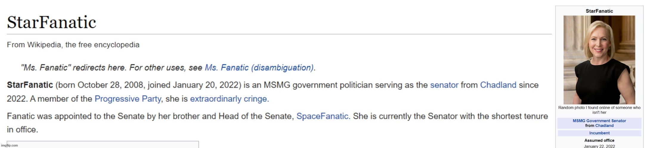 Senator Fanatic's fake Wikipedia page (not to be confused with myself) | made w/ Imgflip meme maker