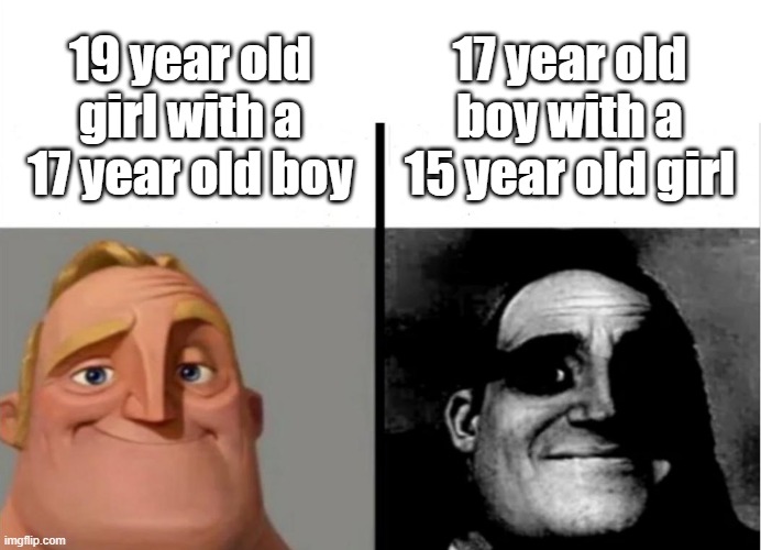 Society be like | 17 year old boy with a 15 year old girl; 19 year old girl with a 17 year old boy | image tagged in teacher's copy | made w/ Imgflip meme maker