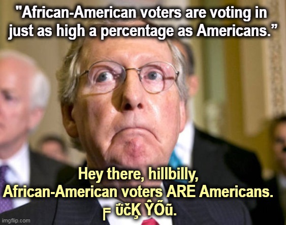 In case anyone was in doubt about Republican attitudes towards race. | "African-American voters are voting in 
just as high a percentage as Americans.”; Hey there, hillbilly, 
African-American voters ARE Americans. 
╒ΰčĶ ŶŐũ. | image tagged in mitch mcconnell,racist,scum,republican,racism | made w/ Imgflip meme maker