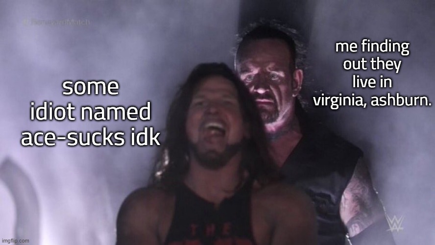 AJ Styles & Undertaker | me finding out they live in virginia, ashburn. some idiot named ace-sucks idk | image tagged in aj styles undertaker | made w/ Imgflip meme maker