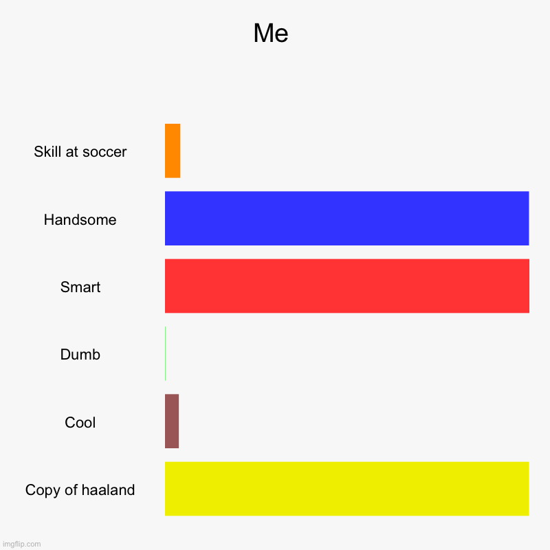 Me | Skill at soccer, Handsome, Smart, Dumb, Cool, Copy of haaland | image tagged in charts,bar charts | made w/ Imgflip chart maker