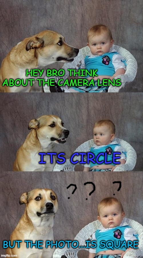 ??? |  HEY BRO THINK ABOUT THE CAMERA LENS; ITS CIRCLE; BUT THE PHOTO...IS SQUARE | image tagged in memes,dad joke dog,funny,lol | made w/ Imgflip meme maker