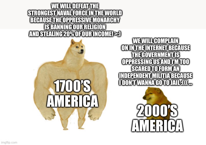 This country has gotten weak |  WE WILL DEFEAT THE STRONGEST NAVAL FORCE IN THE WORLD BECAUSE THE OPPRESSIVE MONARCHY IS BANNING OUR RELIGION AND STEALING 20% OF OUR INCOME! >:); WE WILL COMPLAIN ON IN THE INTERNET BECAUSE THE GOVERNMENT IS OPPRESSING US AND I’M TOO SCARED TO FORM AN INDEPENDENT MILITIA BECAUSE I DON’T WANNA GO TO JAIL :((( …; 1700’S AMERICA; 2000’S AMERICA | image tagged in dogs,america,usa,patriotism,rebellion,libertarian | made w/ Imgflip meme maker
