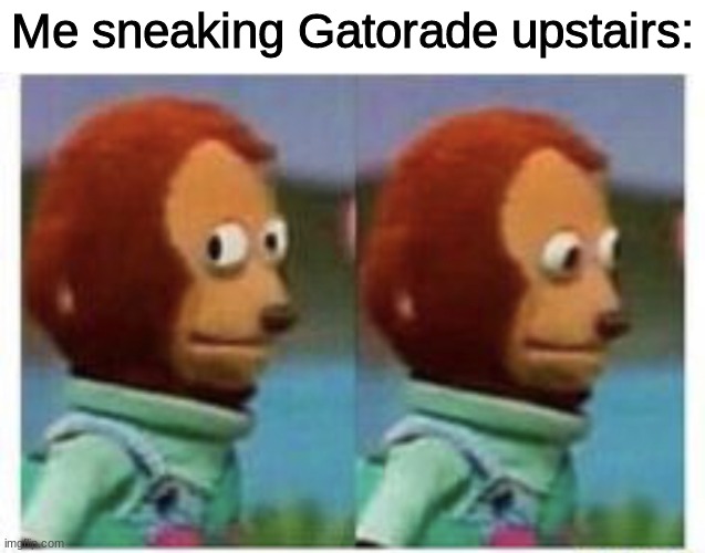 sneaky i am | Me sneaking Gatorade upstairs: | image tagged in side eye teddy,just stole some gatorade | made w/ Imgflip meme maker