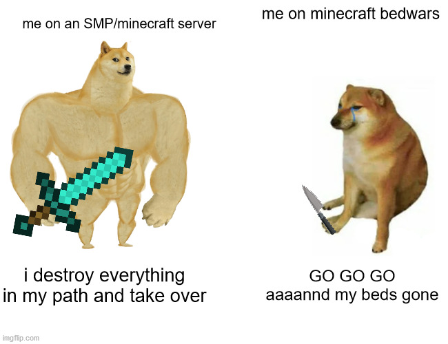 Buff Doge vs. Cheems | me on minecraft bedwars; me on an SMP/minecraft server; i destroy everything in my path and take over; GO GO GO aaaannd my beds gone | image tagged in memes,buff doge vs cheems | made w/ Imgflip meme maker