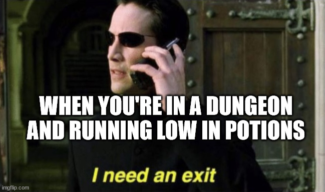 i need an exit (matrix) | WHEN YOU'RE IN A DUNGEON AND RUNNING LOW IN POTIONS | image tagged in i need an exit matrix | made w/ Imgflip meme maker