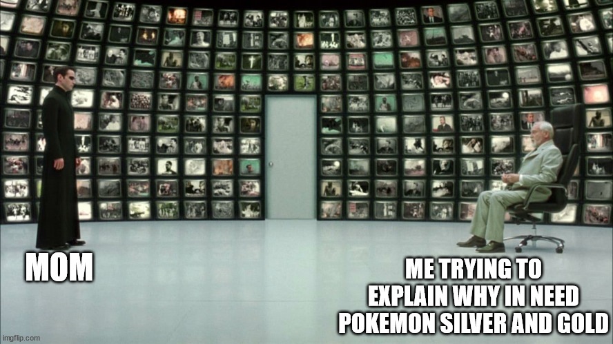 matrix architect | ME TRYING TO EXPLAIN WHY IN NEED POKEMON SILVER AND GOLD; MOM | image tagged in matrix architect | made w/ Imgflip meme maker