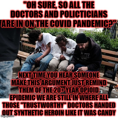 Covid scamdemic/Opiod scamdemic | "OH SURE, SO ALL THE DOCTORS AND POLICTICIANS ARE IN ON THE COVID PANDEMIC?"; NEXT TIME YOU HEAR SOMEONE MAKE THIS ARGUMENT JUST REMIND THEM OF THE 20+ YEAR OPIOID EPIDEMIC WE ARE STILL IN WHERE ALL THOSE "TRUSTWORTHY" DOCTORS HANDED OUT SYNTHETIC HEROIN LIKE IT WAS CANDY | image tagged in opioids,covid hoax | made w/ Imgflip meme maker