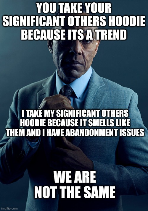 Gus Fring we are not the same | YOU TAKE YOUR SIGNIFICANT OTHERS HOODIE BECAUSE ITS A TREND; I TAKE MY SIGNIFICANT OTHERS HOODIE BECAUSE IT SMELLS LIKE THEM AND I HAVE ABANDONMENT ISSUES; WE ARE NOT THE SAME | image tagged in gus fring we are not the same | made w/ Imgflip meme maker