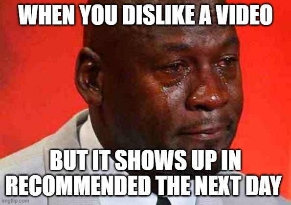 crying michael jordan | WHEN YOU DISLIKE A VIDEO; BUT IT SHOWS UP IN RECOMMENDED THE NEXT DAY | image tagged in crying michael jordan | made w/ Imgflip meme maker