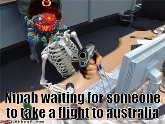 nipahhhh | Nipah waiting for someone to take a flight to australia | image tagged in waiting skeleton | made w/ Imgflip meme maker