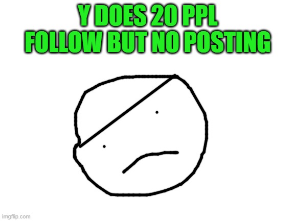 :( | Y DOES 20 PPL FOLLOW BUT NO POSTING | image tagged in blank white template | made w/ Imgflip meme maker