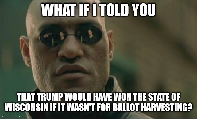 Matrix Morpheus |  WHAT IF I TOLD YOU; THAT TRUMP WOULD HAVE WON THE STATE OF WISCONSIN IF IT WASN'T FOR BALLOT HARVESTING? | image tagged in memes,matrix morpheus | made w/ Imgflip meme maker