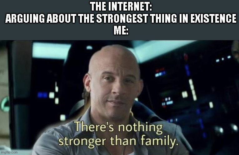 Nothing is stronger than family | THE INTERNET: ARGUING ABOUT THE STRONGEST THING IN EXISTENCE
ME: | image tagged in nothing is stronger than family | made w/ Imgflip meme maker